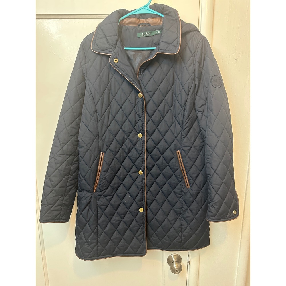 Lauren Ralph Lauren Navy Blue Quilted Hooded Jacket Faux Leather Trim 24854T L
